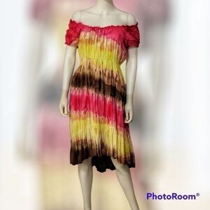 Vtg PINK CATTLELAC Ombre Tie Dye Off Shoulder Hi-Low Peasant Festival Dress